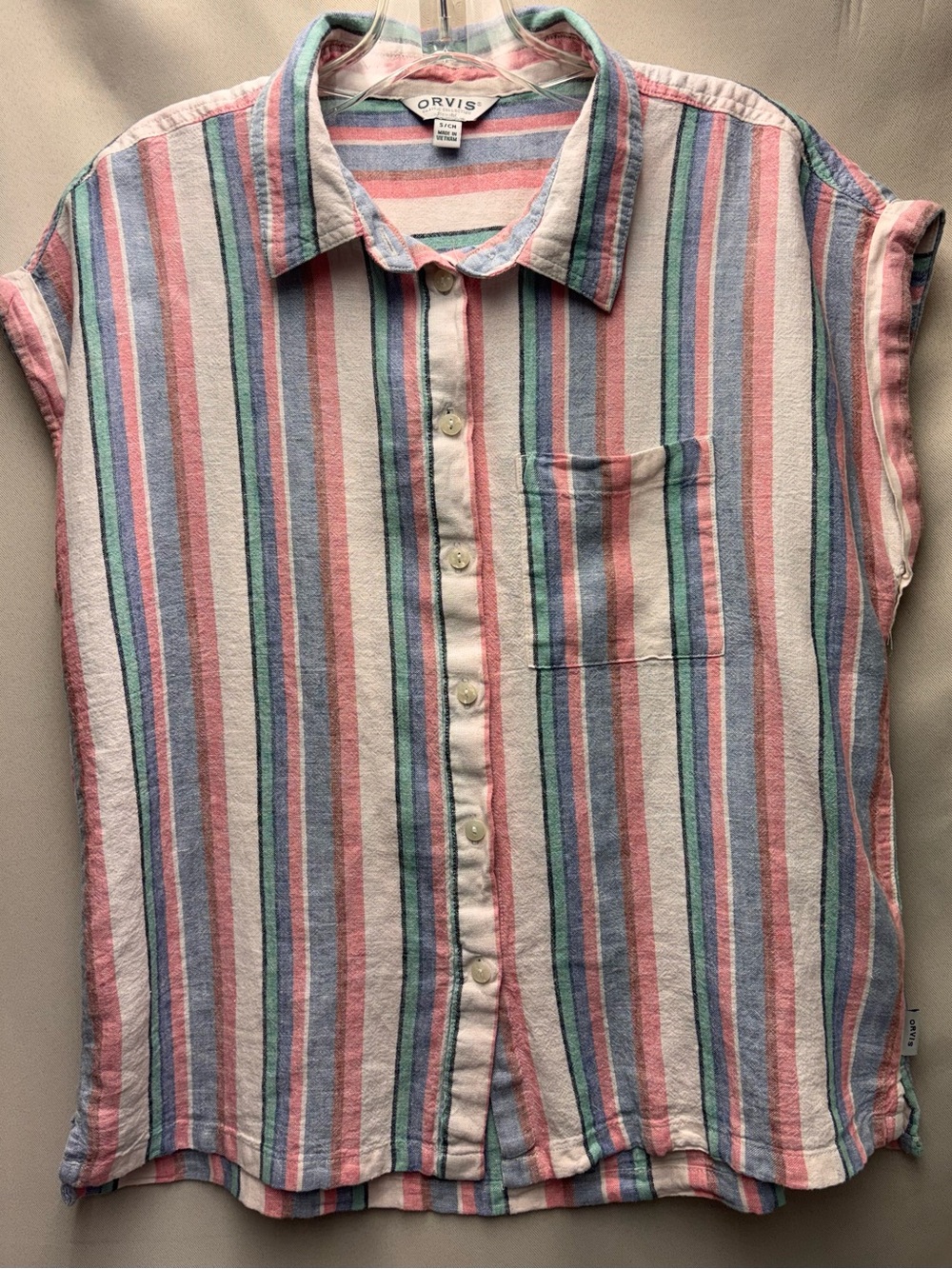 Orvis Linen Blend Striped Button Down Women’s Small Multicolor Short Sleeve Top
